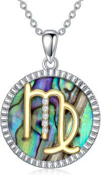 wholesale 925 Sterling Silver Virgo Zodiac Sign Abalone Shell & Natural Cubic Zirconias Round Pendant Necklace for Women Girls Gifts Jewelry Accessories (Virgo)-Virgo(8.23-9.22)