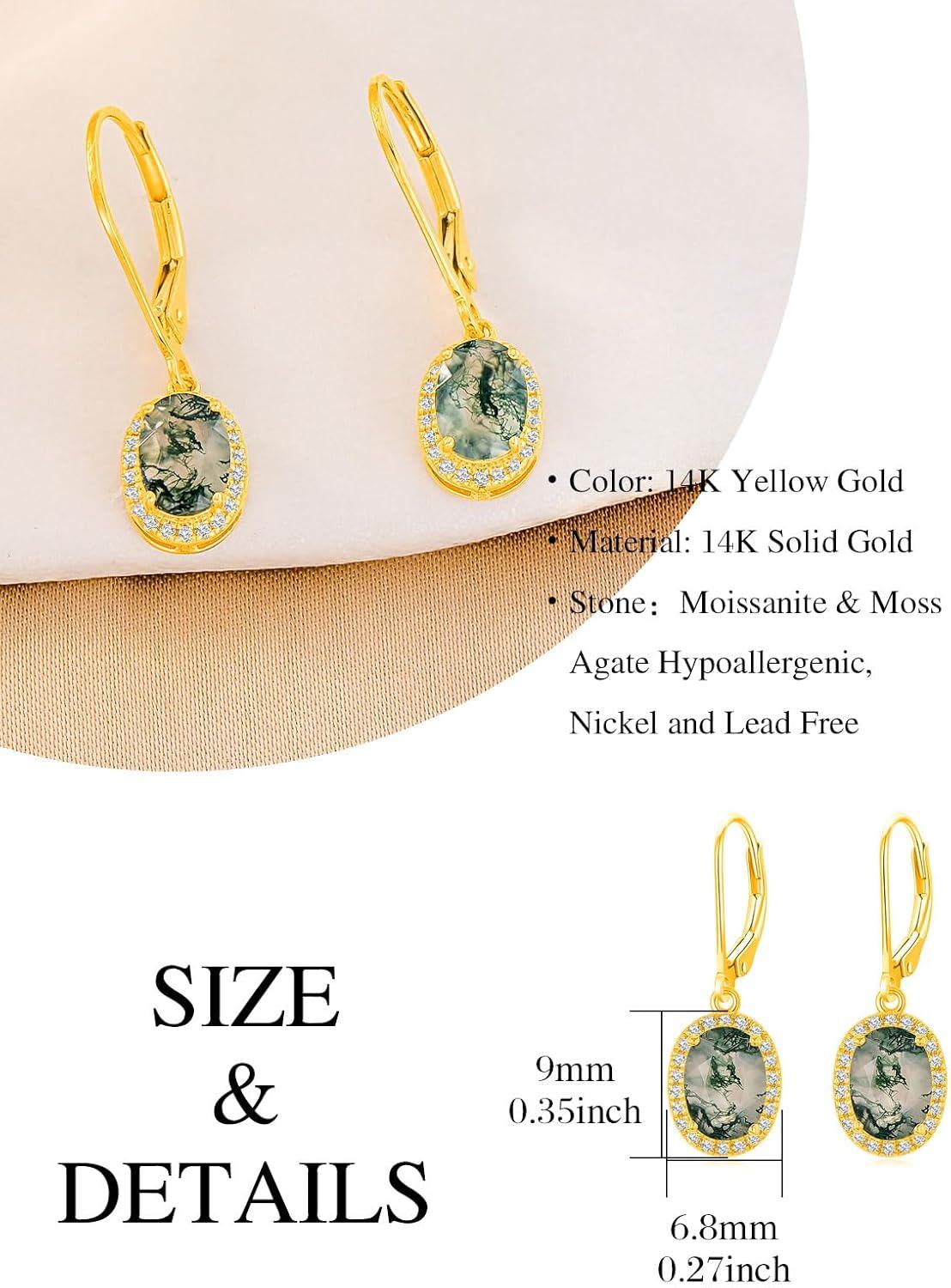 14K Gold Moss Agate Moissanite Leverback Drop Dangle Earrings for Women-0-4