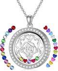 wholesale S925 Sterling Silver Rose Floating Locket Necklace with DIY Birthstones Set – Adjustable Chain, Double-Sided Glass, Hypoallergenic Gift for Women-0-0