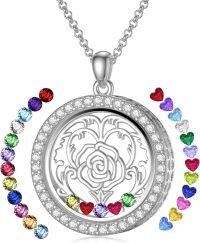 wholesale S925 Sterling Silver Rose Floating Locket Necklace with DIY Birthstones Set – Adjustable Chain, Double-Sided Glass, Hypoallergenic Gift for Women-B-Round Rose