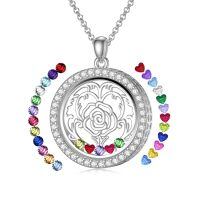 wholesale S925 Sterling Silver Rose Floating Locket Necklace with DIY Birthstones Set – Adjustable Chain, Double-Sided Glass, Hypoallergenic Gift for Women-B-Round Rose