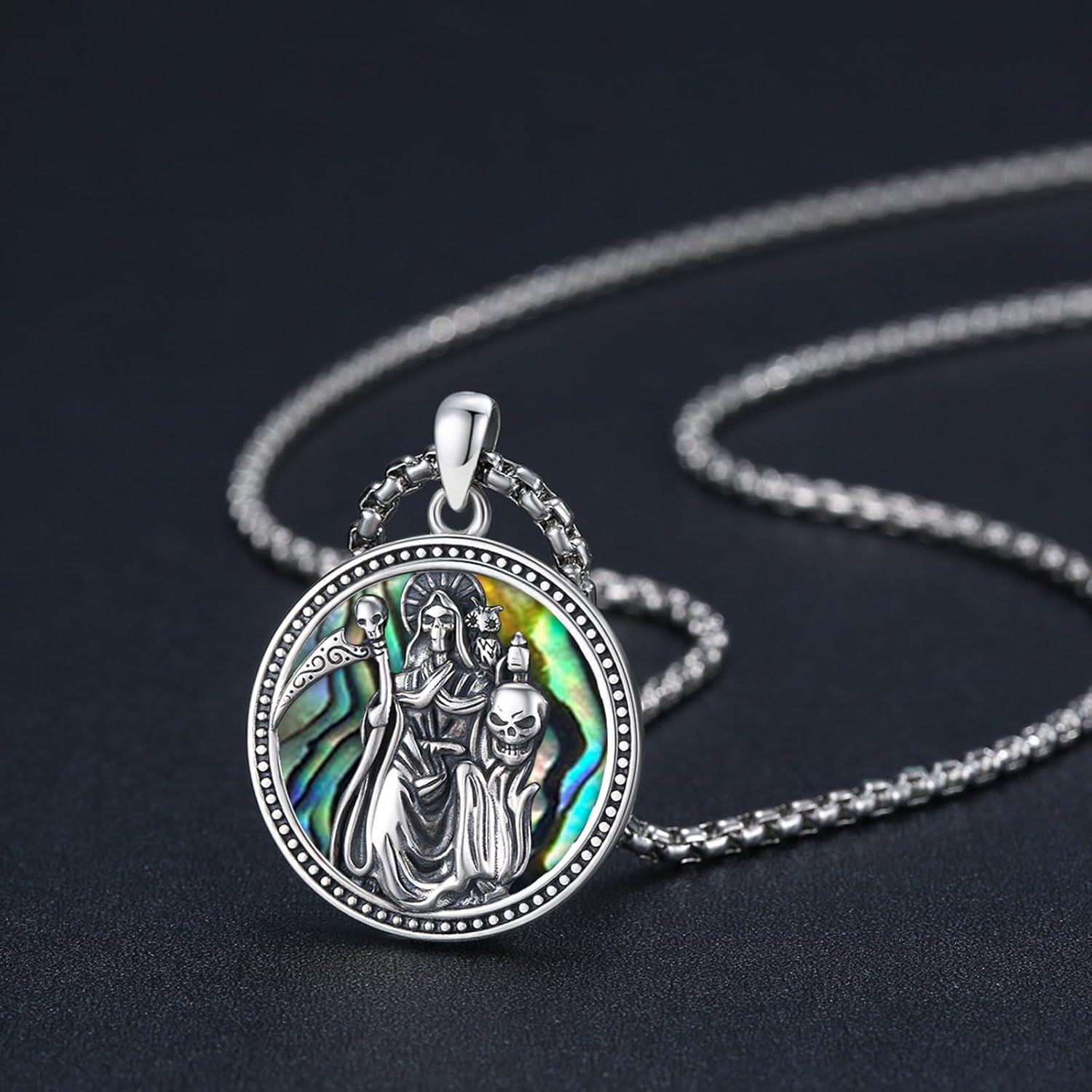 925 Sterling Silver Round Medal Pendant Necklaces for Women Men Gothic Skulls and Skeletons Design Abalone Shell  45cm Chain Length-0-1