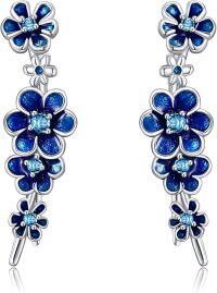 wholesale 925 Sterling Silver Blue Enamel Flower Drop Dangle Studs Earrings for Women Girls  4cm Long-Blue Flower