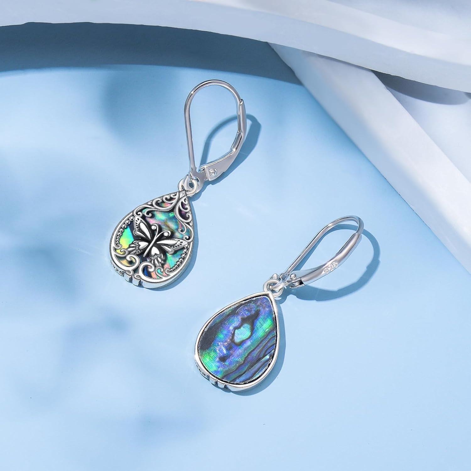 wholesale 925 Sterling Silver Abalone Shell Honeybee Teardrop Leverback Drop Earrings-0-3