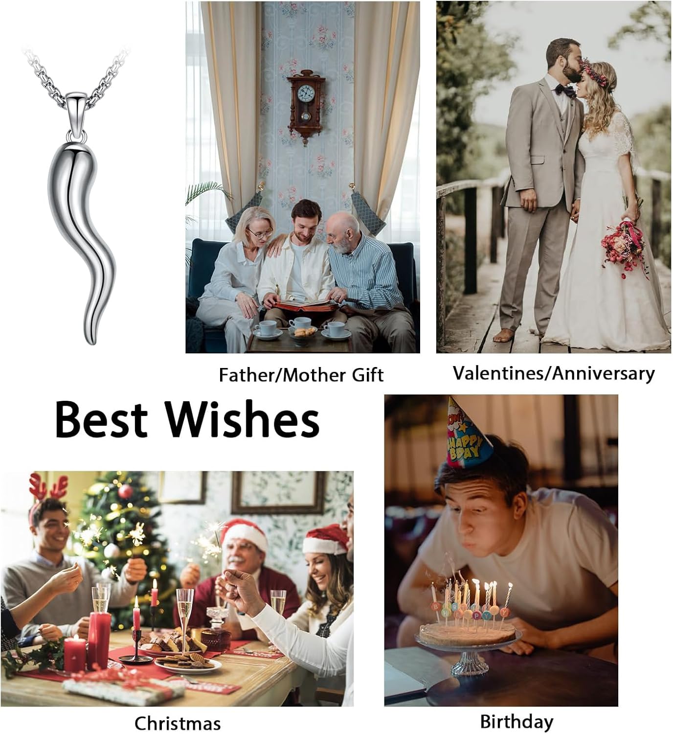 wholesale Stainless Steel & 925 Sterling Silver Italian Horn Pendant Luck Charm Necklaces for Men Women - 24 Chain Length-0-5