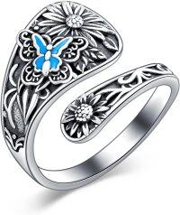 wholesale Sterling Silver Sun Moon Bee Celtic Tree Life Lotus Spoon Adjustable Open Ring Unisex Gift-Butterfly Sunflower-Butterfly Sunflower-Butterfly Sunflower-Customization-Butterfly Sunflower-Customization