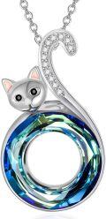 wholesale 925 Sterling Silver Multicolor Austrian Crystals Cat Pendant Necklace s for Women-0-5