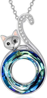 wholesale Sterling Silver Crystal Cat Necklace Kitty Pendant Gift for Women-03 Blue