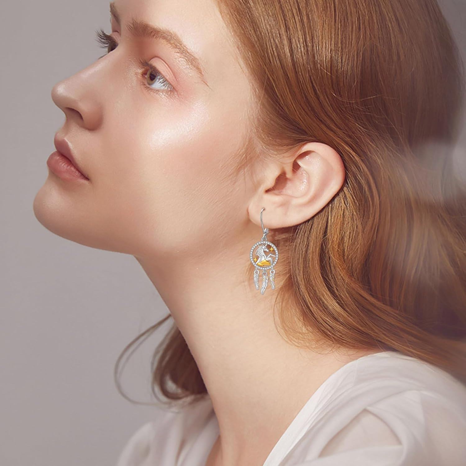 wholesale 925 Sterling Silver Unicorn Dreamcatcher Drop Earrings with Feather Charm and Star Accents for Women-0-3