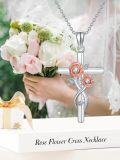 wholesale 925 Sterling Silver 925 Rose Gold Plated Floral Cross Pendant Necklace with Cubic Zirconias for Women-0-2