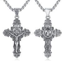 wholesale 925 Sterling Silver Cross Pendant with INRI and Saint Benedict Design - Mens & Womens Jewelry-Crucifix Cross-Silver