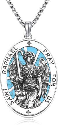 wholesale 925 Sterling Silver Turquoise Stone St Raphael Angel Prayer Medal Necklace Pendant-24a-St Raphael-Turquoise-24a-St Raphael-Turquoise
