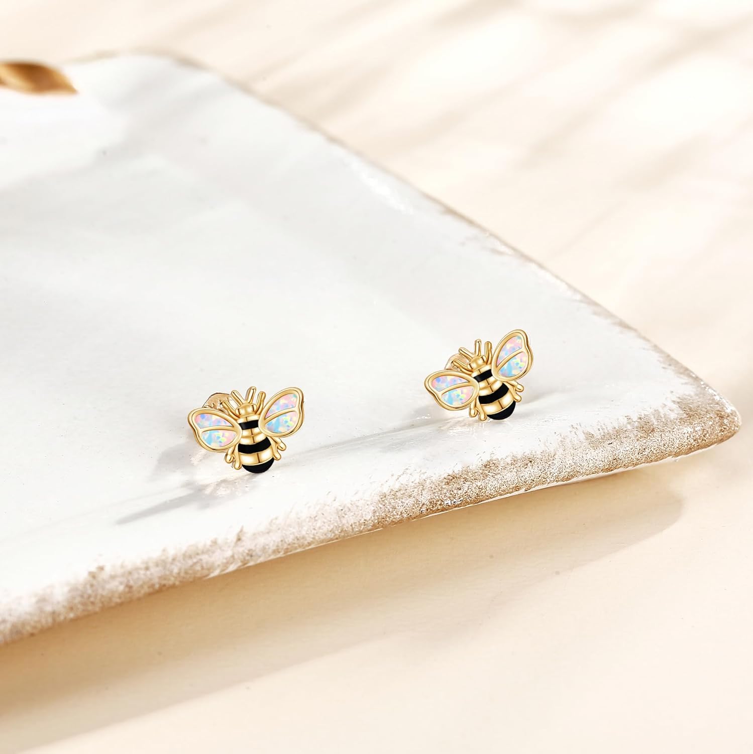 wholesale 18K Gold Opal Butterfly Black and White Striped Honeybee Stud Earrings-0-2