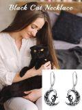 wholesale 925 Sterling Silver Moon & Star Black Cat Drop Earrings-0-3