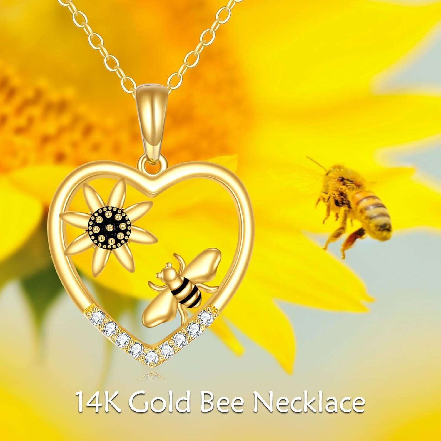 wholesale 14K Gold Honeybee Heart Flower Diamond Pendant Necklace for Women's Gifts-0-1