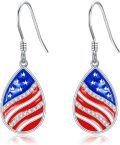 wholesale 925 Sterling Silver American Flag Teardrop Drop Earrings with Cubic Zirconia and Red White & Blue Design-0-0