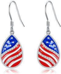 wholesale 925 Sterling Silver American Flag Teardrop Drop Earrings with Cubic Zirconia and Red White & Blue Design-American Flag Earrings