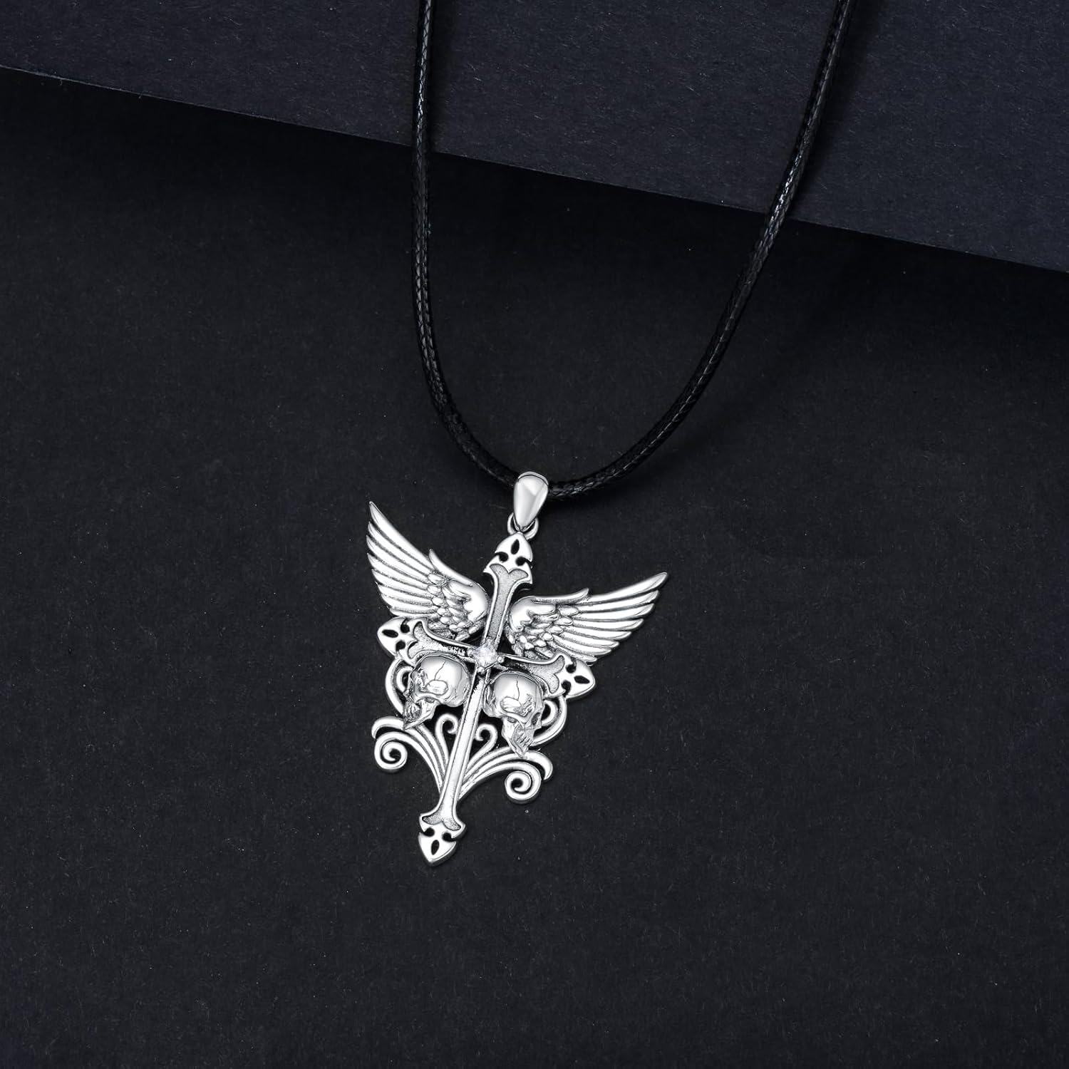 925 Sterling Silver Gothic Skull Wings Cross Pendant Necklace s for Men/Women-0-3