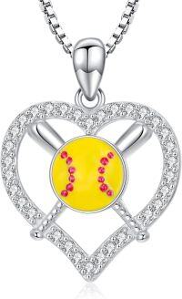 wholesale 925 Sterling Silver Softball Heart Pendant Necklace for Girls and Women-Softball