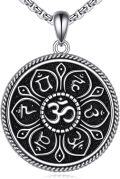 wholesale 925 Sterling Silver Round OM Symbol Pendant Necklace with Black Enamel and Rope Border-0-0