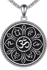 wholesale 925 Sterling Silver Round OM Symbol Pendant Necklace with Black Enamel and Rope Border-Om