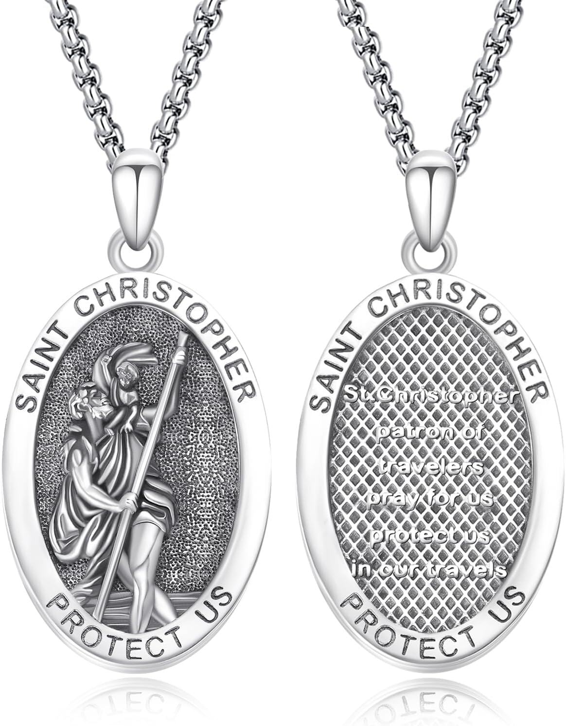 Sterling Silver Catholic Medal Necklace St Michael Christopher Benedict Virgin Mary Amulet Pendant for Men Women-St Christopher B-St Christopher D