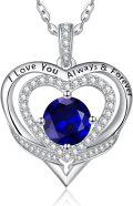 wholesale S925 Sterling Silver & 18K White Gold Plated Sapphire Birthstone Necklace - I Love You Always Forever Engraved Romantic Gift for Women-0-0