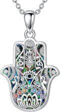 wholesale 925 Sterling Silver Abalone Shell Evil Eye Hamsa Hand Pendant Necklace with Multi-Colored CZ Stones and Lotus Design-0-0