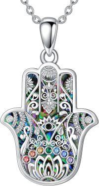 wholesale 925 Sterling Silver Abalone Shell Evil Eye Hamsa Hand Pendant Necklace with Multi-Colored CZ Stones and Lotus Design-Style1