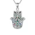 wholesale 925 Sterling Silver Abalone Shell Evil Eye Hamsa Hand Pendant Necklace Wholesale with Multi-Colored CZ Stones and Lotus Design-0-0