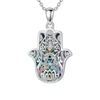 wholesale 925 Sterling Silver Abalone Shell Evil Eye Hamsa Hand Pendant Necklace Wholesale with Multi-Colored CZ Stones and Lotus Design-Style1