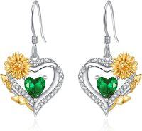 wholesale 925 Sterling Silver Cubic Zirconia Sunflower Heart Dangle Hoop Earrings-05 May