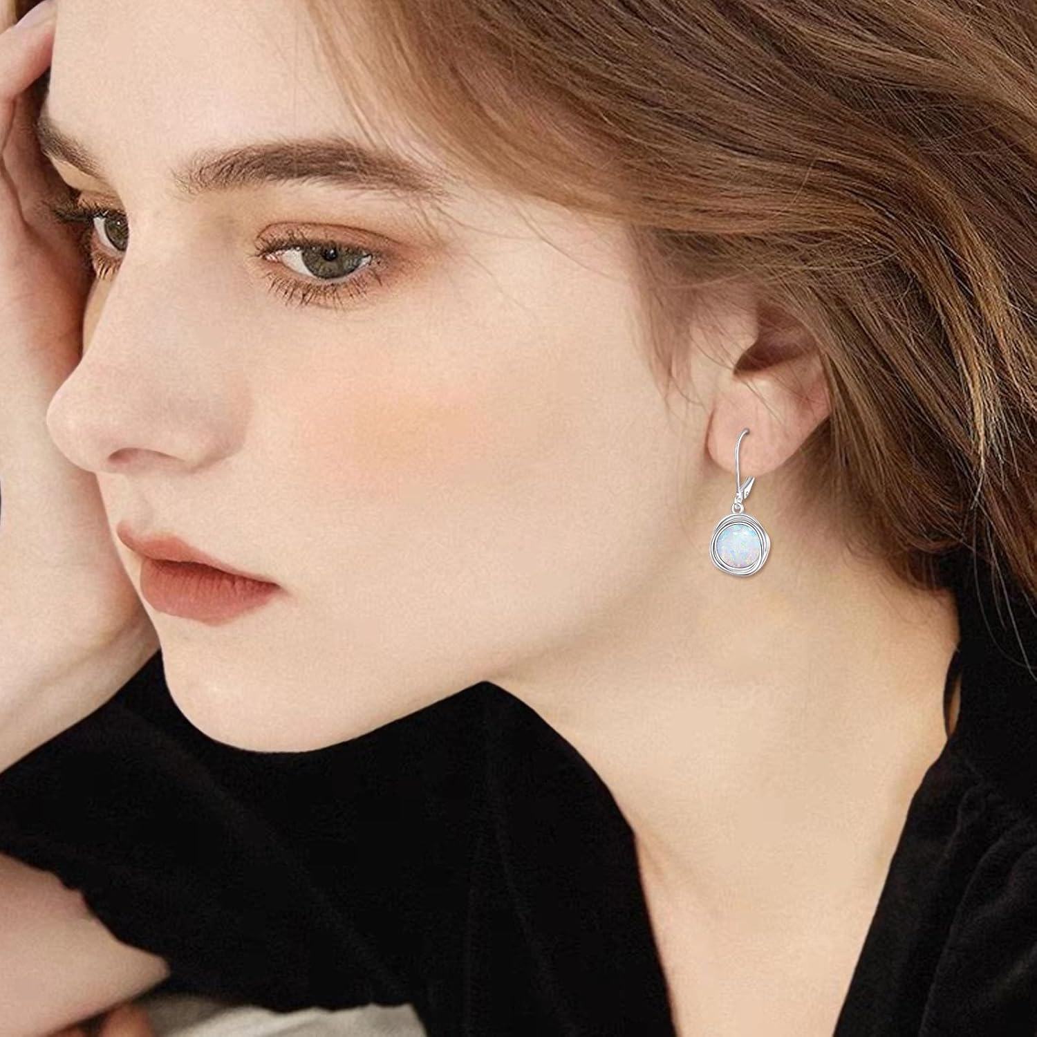 925 Sterling Silver Round White Fire Opal Leverback Drop Earrings 38mm-0-2