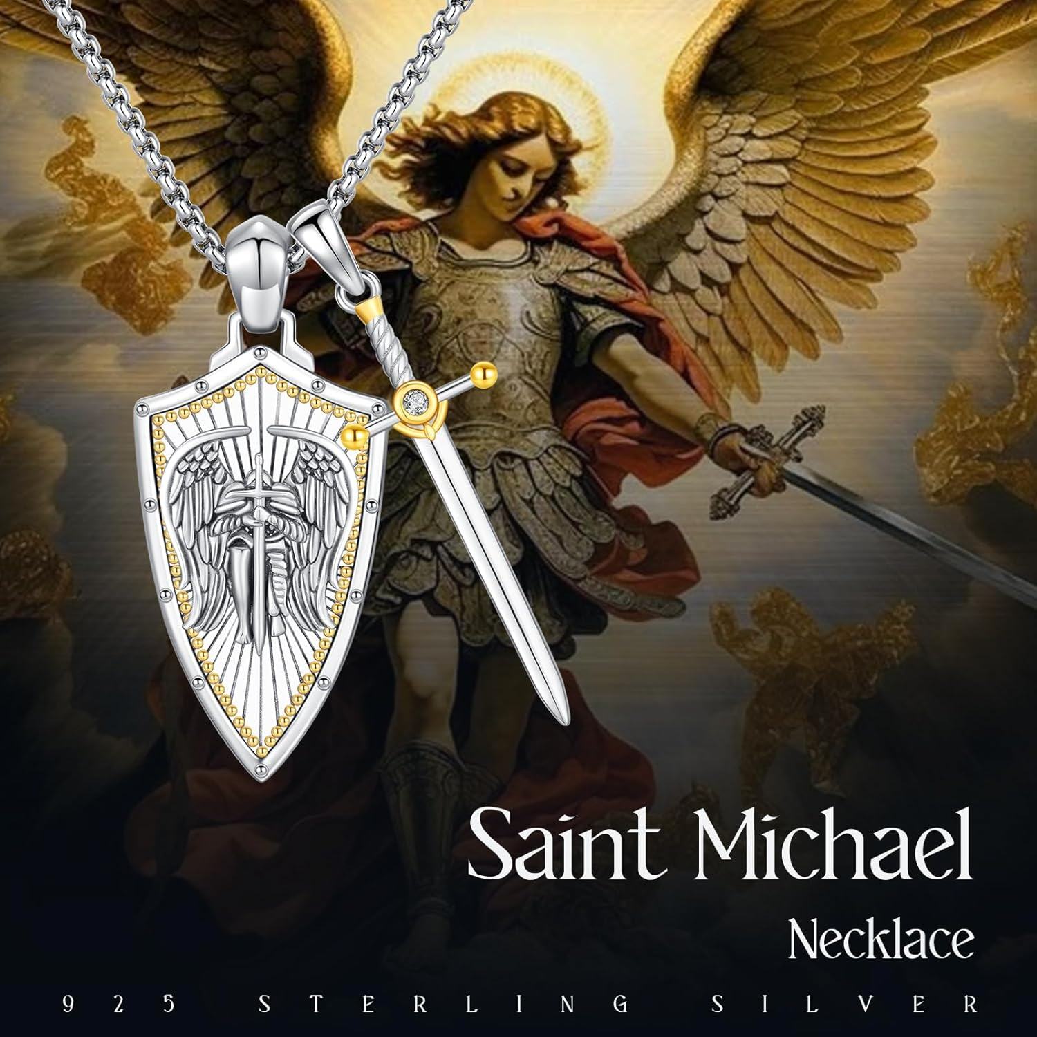 wholesale 925 Sterling Silver Metal Stone Saint Michael Christopher Judas Benedict Joseph Jude Sword Shield Pendant Necklace for Men Religious Talisman Amulet Gift-0-5