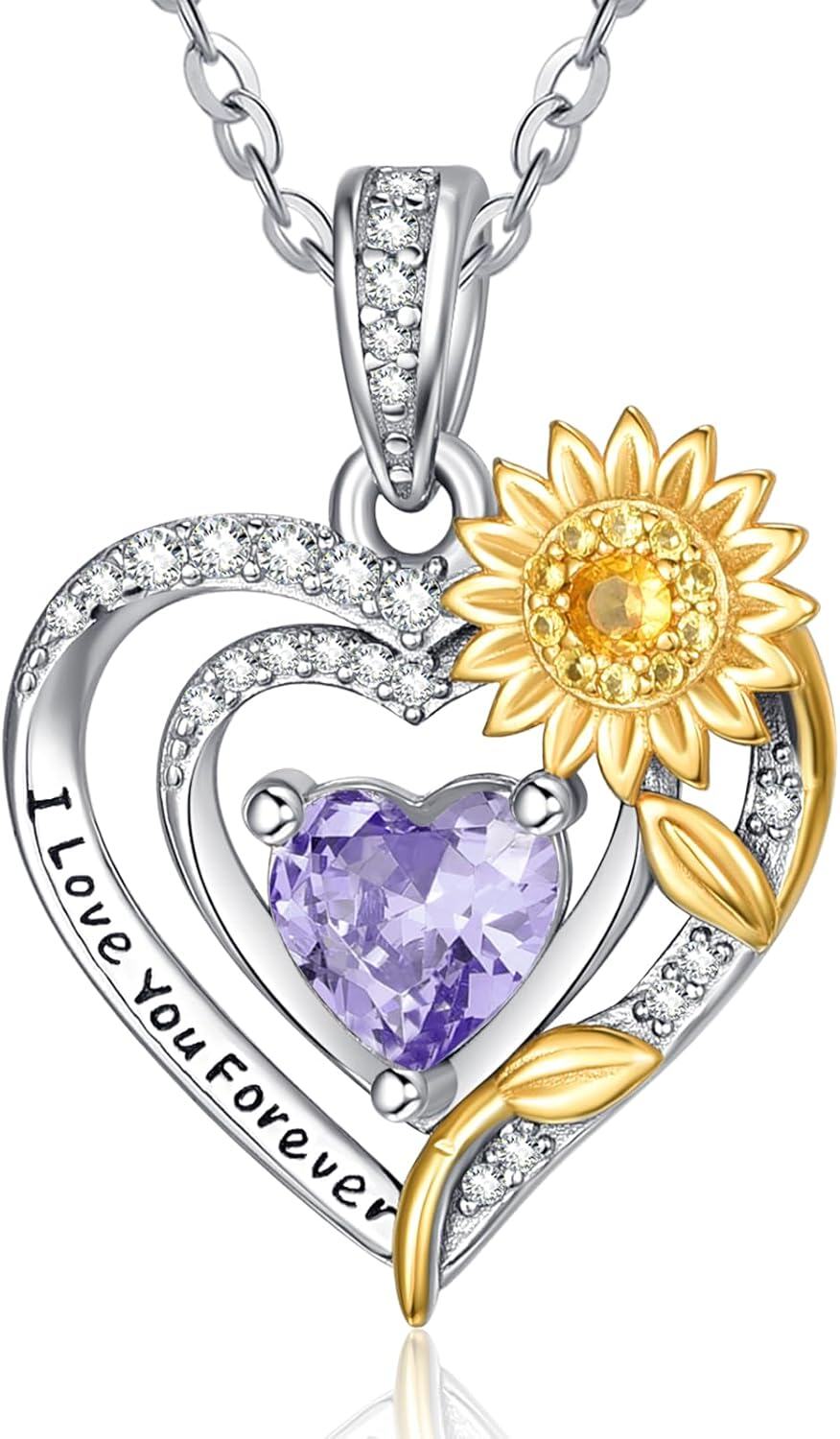 Sterling Silver Sunflower Birthstone Pendant Necklace for Women-06-June