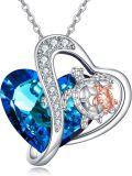 wholesale 925 Sterling Silver Heart-Shaped Blue Crystal Sea Turtle Pendant Necklaces for Mom & Daughter Gift Set-0-0