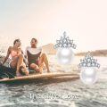 wholesale 925 Sterling Silver Crown Design White Pearl Stud Earrings with Cubic Zirconia Accents-0-3