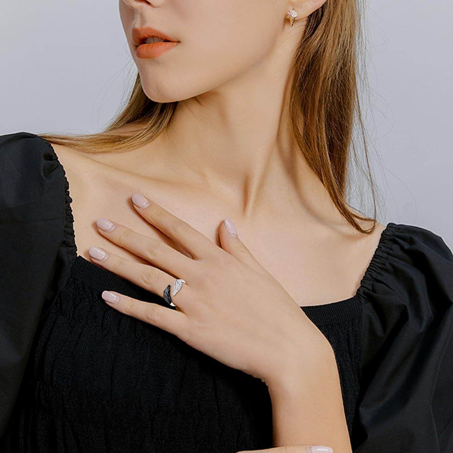 925 Sterling Silver Black & White Angel Wing Adjustable Ring for Women-0-3
