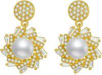 wholesale Gold 925 Sterling Silver Pearl and Cubic Zirconia Geometric Dangle Earrings for Women-Pearl Earrings