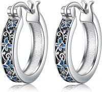 wholesale 925 Sterling Silver Blue Enamel Floral Huggie Hoop Earrings with Butterflies and Flowers-Butterfly Filigree
