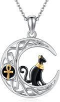 wholesale 925 Sterling Silver Black Onyx Moon Cat & Ankh Pendant Necklace-0-0