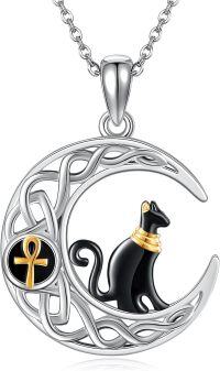 wholesale 925 Sterling Silver Black Onyx Moon Cat & Ankh Pendant Necklace-Egyptian Cat