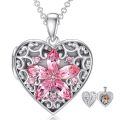 wholesale 925 Sterling Silver Pink Crystal Flower Heart Lockets Pendant Necklaces for Women and Girls with Adjustable Chain (Length: 46-73cm)-0-0