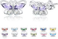wholesale 925 Sterling Silver Cubic Zirconia 12 Birthstone Butterfly Stud Earrings-06-Jun.