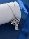 wholesale 925 Sterling Silver Blue Abalone Shell Celtic Cross Pendant Necklace 3D Triquetra Trinity Knot Jewelry for Women Men Gift Boxed-0-3