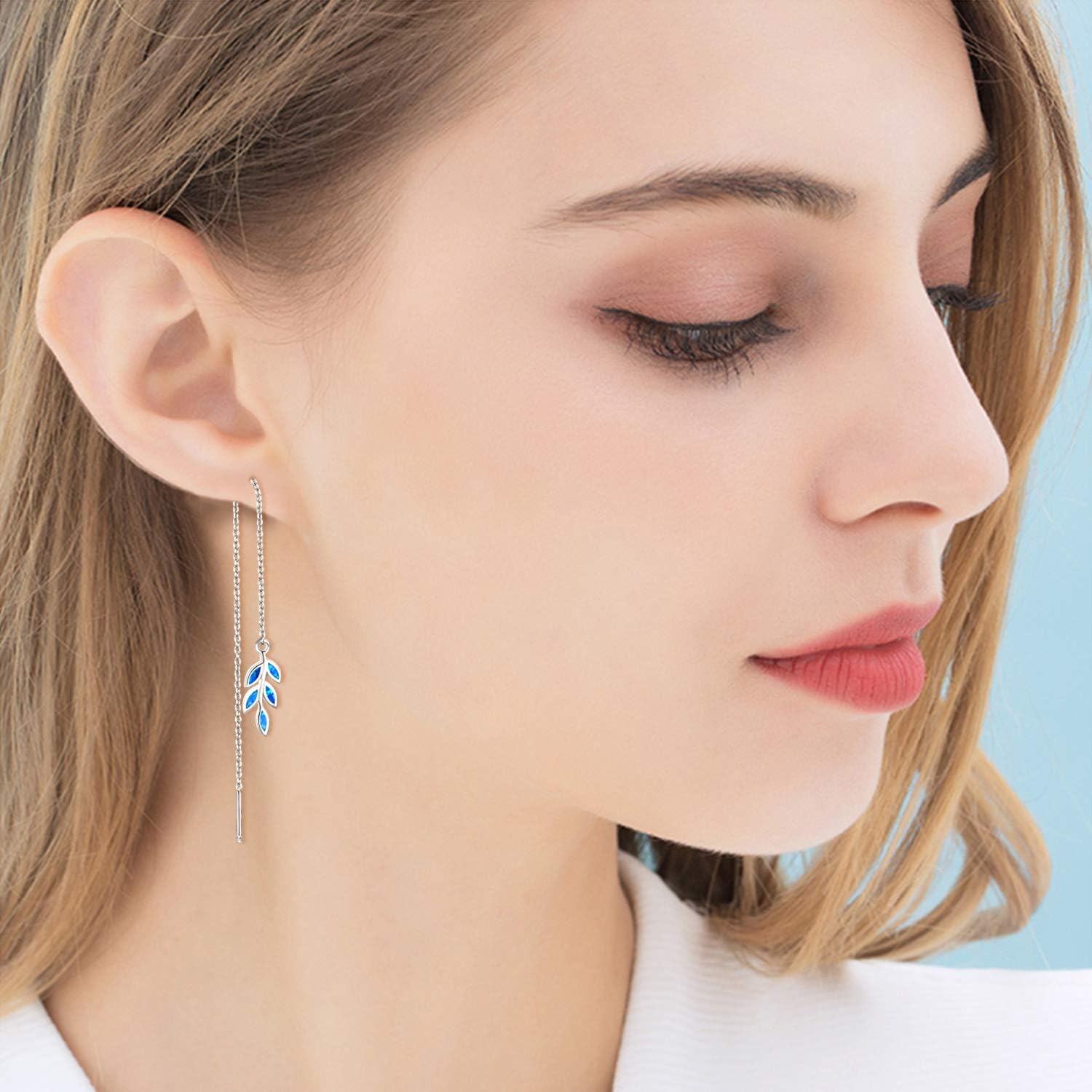 925 Sterling Silver Blue Opal Leaf Threader Drop Dangle Earrings for Women Girls Gift Jewelry Accessories 4cm Long Chain Minimalist Fashion Style Lightweight Hypoallergenic Safe Nickel Free Lead-Free Cadmium-Free-0-5