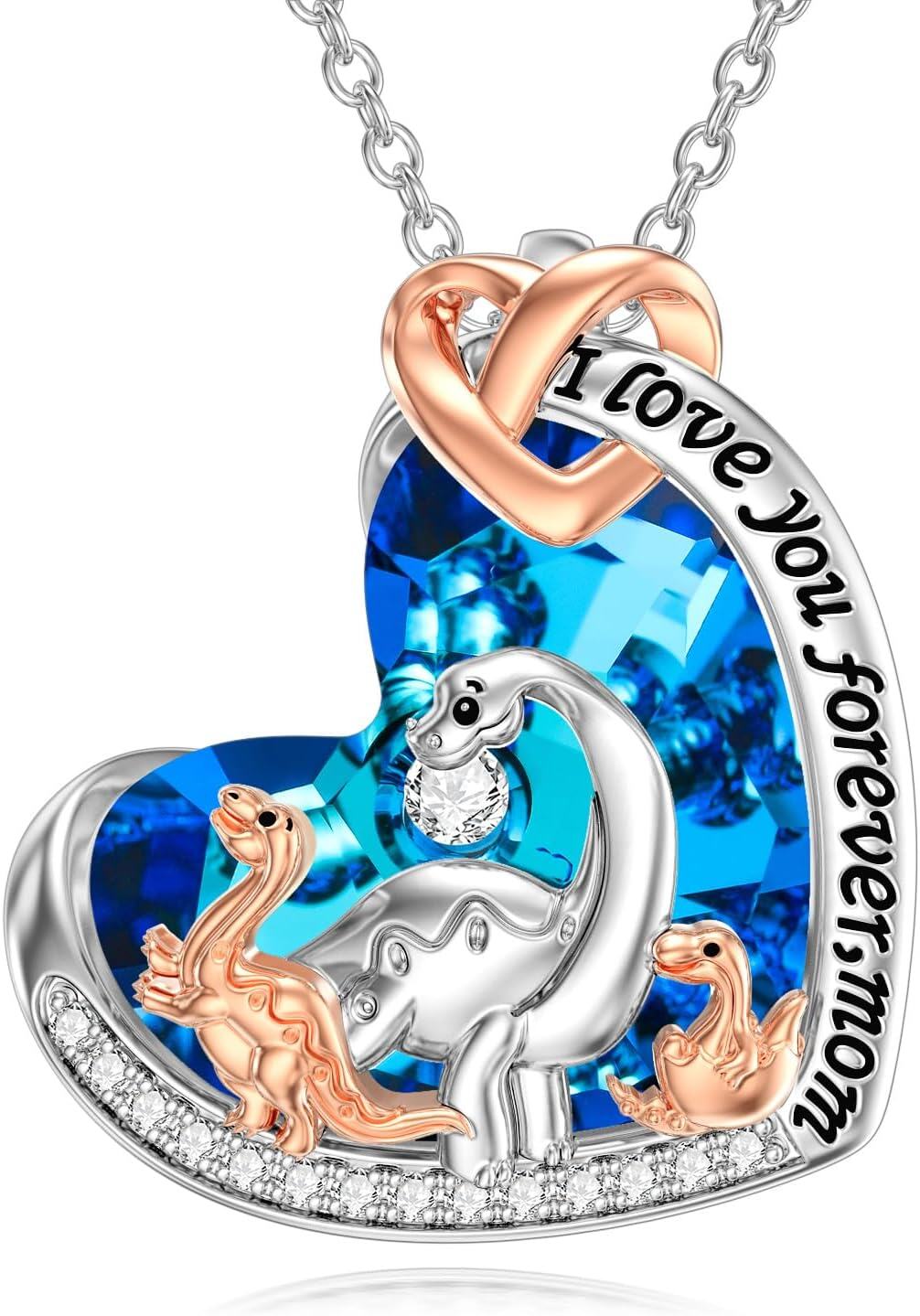 925 Sterling Silver I Love You Forever Heart Pendant w/ Blue Crystal & Dinosaurs - Gift for Mom-0-0