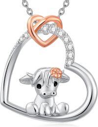 wholesale 925 Sterling Silver Heart Highland Cow Pendant Necklace with Rose Gold Accents and Cubic Zirconia Stones-Highland Cow-1