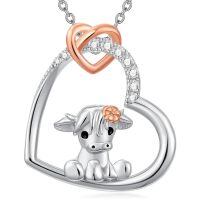 wholesale 925 Sterling Silver Heart Highland Cow Pendant Necklace with Rose Gold Accents and Cubic Zirconia Stones-Highland Cow-1