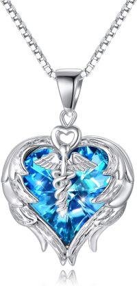 wholesale Sterling Silver Austrian Crystal Caduceus Angel Wing Heart Nurse Necklace-Sapphire Blue